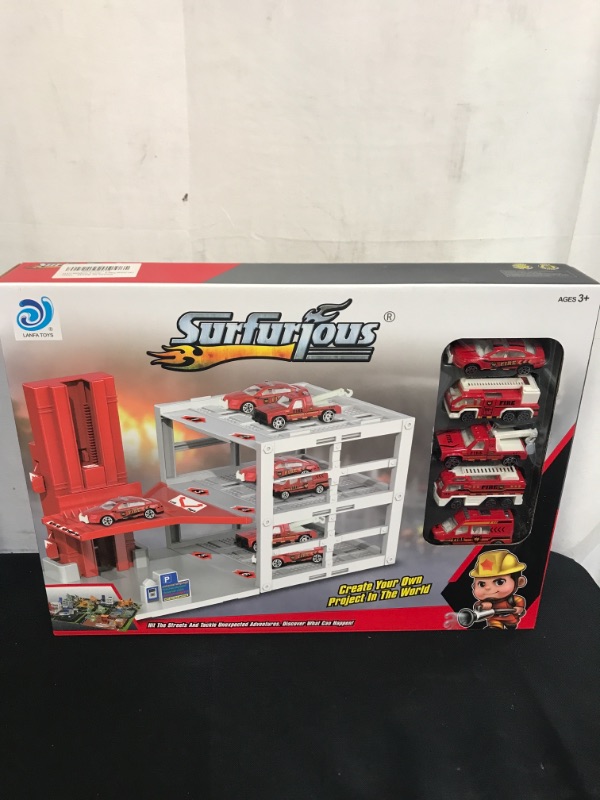 Photo 2 of Moquin 3-Level Toy Car Garage Fire Truck Garage Building Playset Garage Parking Lot with Play Puzzle Mat Firefighter Role Play Toys for Kids, Boys, Girls and Toddlers (with 5 Alloy Metal car)
