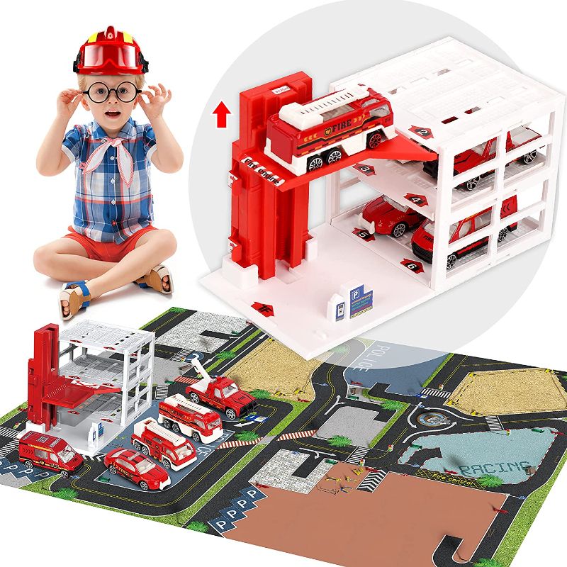 Photo 1 of Moquin 3-Level Toy Car Garage Fire Truck Garage Building Playset Garage Parking Lot with Play Puzzle Mat Firefighter Role Play Toys for Kids, Boys, Girls and Toddlers (with 5 Alloy Metal car)
