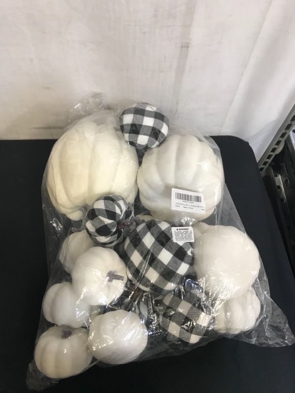 Photo 2 of 16 PCS Artificial White Pumpkins Buffalo Plaid Pumpkins Bulk Faux Harvest Pumpkins for Fall Wedding Thanksgiving Halloween Seasonal Holiday Tabletop Decoration
