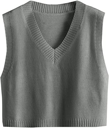 Photo 1 of Romwe Women's Knit Sweater Vest Women Crop Y2K Sweater Vests V Neck Sleeveless JK Uniform Pullover Knitwear Tops XL