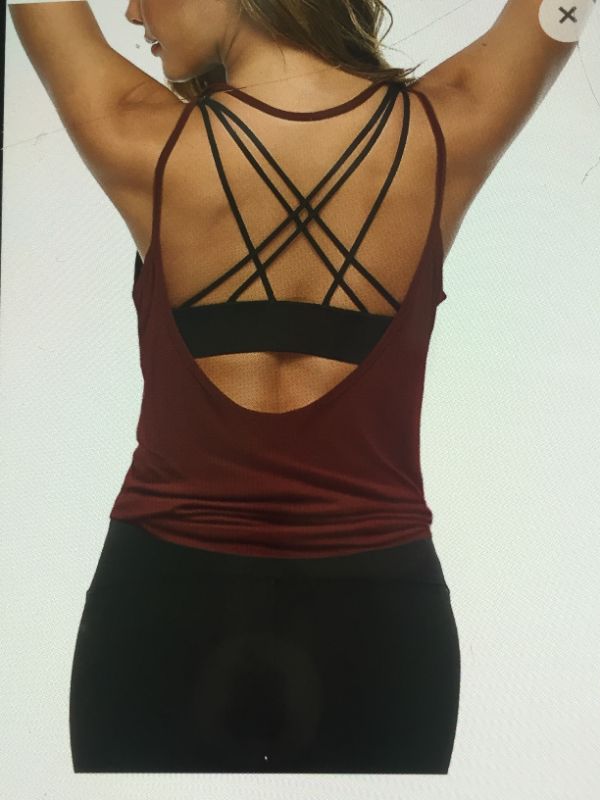 Photo 1 of DIBAOLONG WOMENS SUMMER WORKOUT TOP OPEN BACK BACKLESS YOGA SHIRT ACTIVEWEAR BURGUNDY MEDIUM