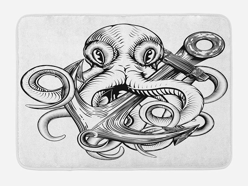 Photo 1 of Ambesonne Octopus Bath Mat, Illustration of an Octopus Holding a Ships Anchor in a Vintage Woodblock Style, Plush Bathroom Decor Mat with Non Slip Backing, 29.5" X 17.5", White and Black
