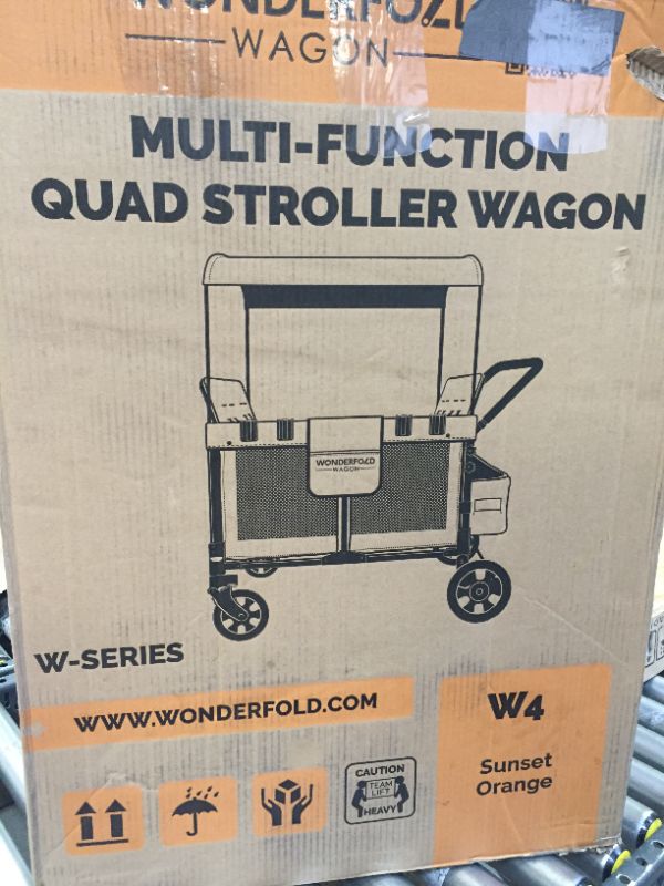 Photo 3 of WonderFold Multi Functional Push and Pull 2 Passenger Double Stroller Wagon with Reliable 5 Point Harness, Canopy, and Safety Reflective
 SUNSET ORANGE 