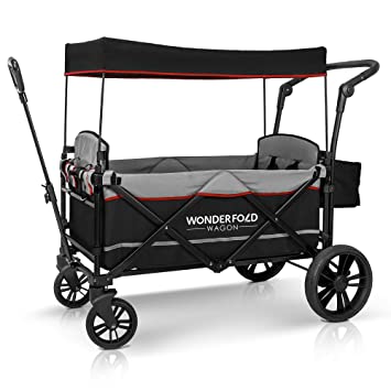 Photo 1 of WonderFold Multi Functional Push and Pull 2 Passenger Double Stroller Wagon with Reliable 5 Point Harness, Canopy, and Safety Reflective
 SUNSET ORANGE 
