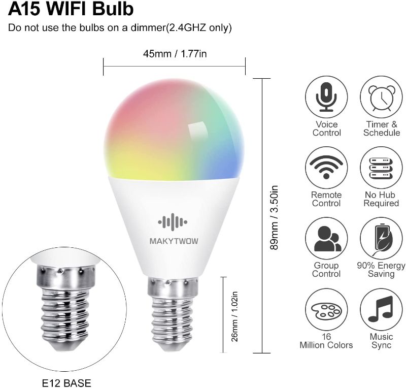 Photo 1 of A15 LED Smart Bulb, Compatible with Alexa, Google Home, SmartThings, E12 Based WiFi Bulbs, 5W=40W, Color Changing, Voice/App Remote Control, MAKYTWOW, No Hub Required, Ceiling Fan Light, 2 Pack
