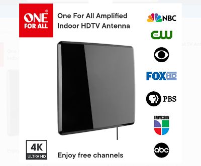 Photo 1 of One For All 14432 HDTV Antenna Amplified Indoor Flat TV Antenna, 50 mile range