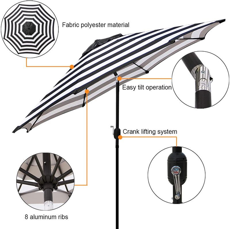 Photo 1 of Blissun 9' Outdoor Aluminum Patio Umbrella, Striped Patio Umbrella, Market Striped Umbrella with Push Button Tilt and Crank (Black & White Stripe)
