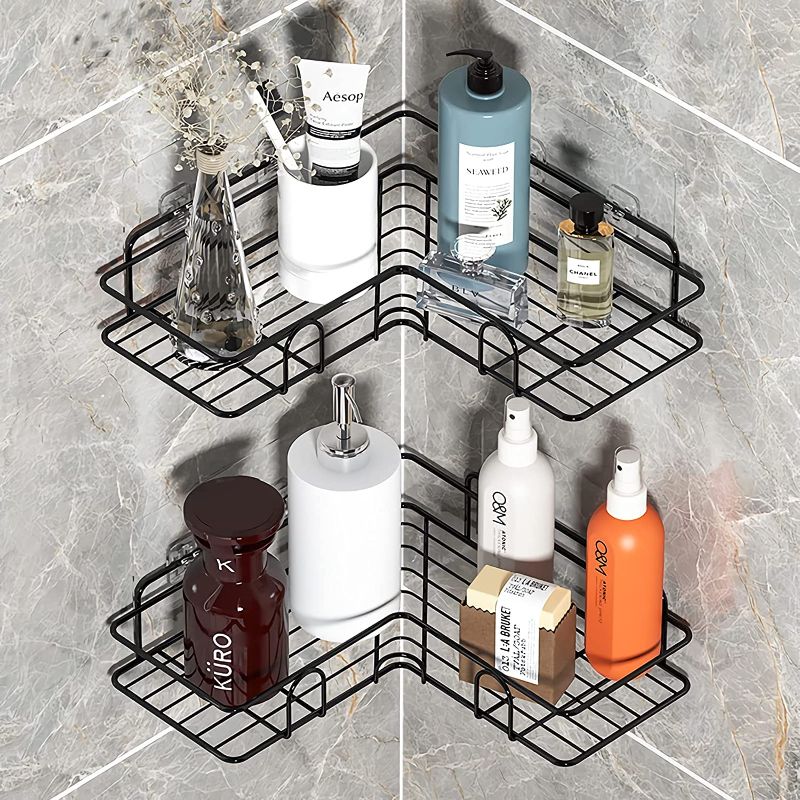 Photo 1 of 2 Pack Corner Shower Caddy Shelf Stainless Steel Shower Shelf with Adhesive Hooks Storage Organizer for Bathroom, Toilet, Kitchen, College Dorm, No Drilling Shampoo Holder, Black
