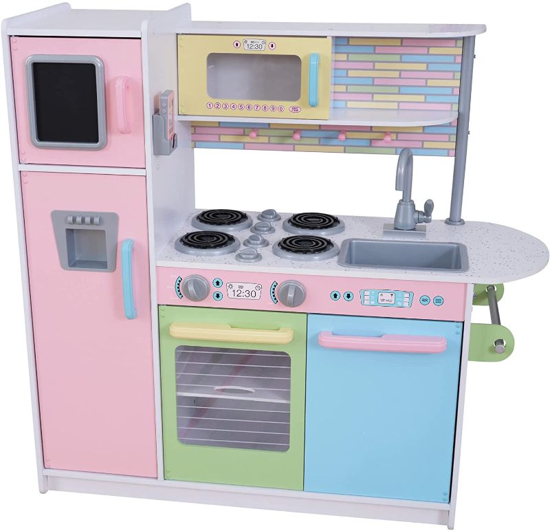 Photo 1 of KidKraft Uptown Pastel Wooden Play Kitchen with Chalkboard, Play Phone, and See-Through Doors, Gift for Ages 3+
