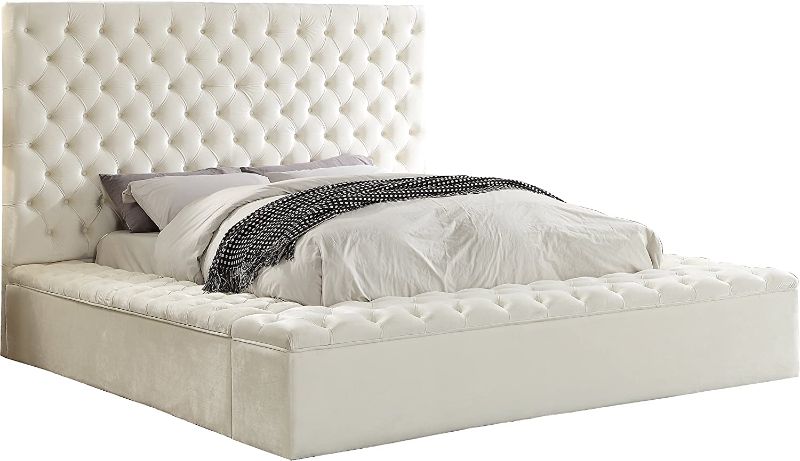 Photo 1 of Meridian Furniture Bliss Collection Modern | Contemporary Velvet Upholstered Bed with Deep Button Tufting and Storage Compartments in Rails and Footboard, White, King **BOX 2 OF 3**