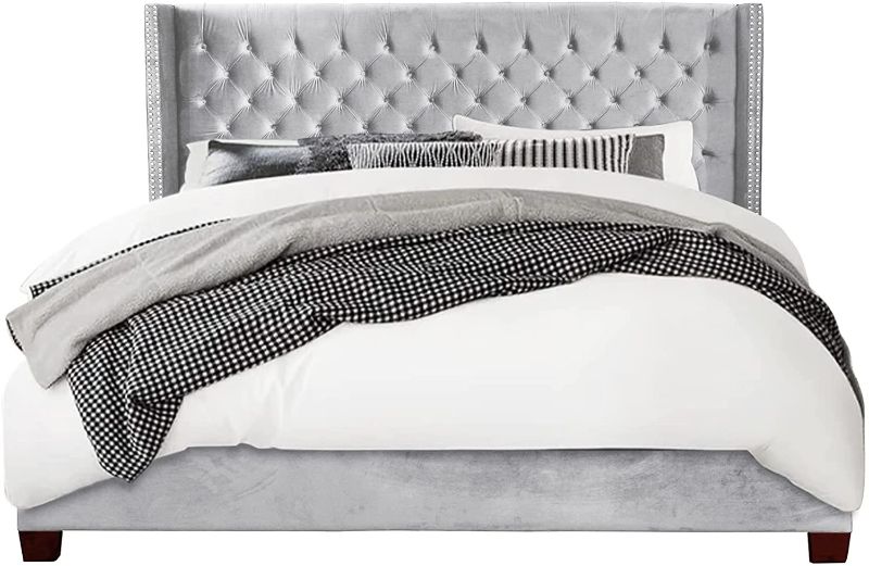 Photo 1 of Nathaniel Home Aliyah Velvet Upholstered Platform Bed Deep Button Tufting Frame Bed with Wingback Headboard/ Mattress Foundation/ Wood Slat Support/ No Box Spring Needed/ Easy Assembly, Silver, King
