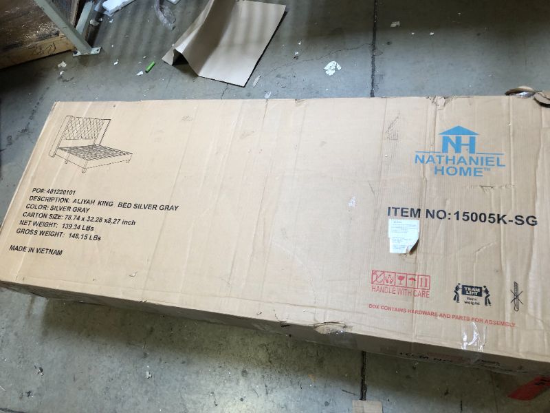 Photo 1 of Nathaniel Home Aliyah Velvet Upholstered Platform Bed Deep Button Tufting Frame Bed with Wingback Headboard/ Mattress Foundation/ Wood Slat Support/ No Box Spring Needed/ Easy Assembly, Silver, King
