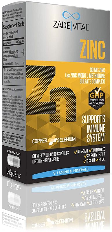 Photo 1 of Zade Vital 30mg Zinc L-Methionine Sulfate Complex with Copper Gluconate, L-Selenomethionine, Supports Immune System, 60 Vegetable Hard Capsules, 2 Months Supply, High Bioavailable Form, GMP, Non GMO---EXPIRES/BEST BEFORE 06/2022---
