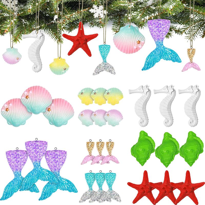 Photo 1 of 24 Pieces Christmas Resin Starfish Assorted Resin Seashell, Seahorse Seahorse Hanging Ornaments with Ropes, Shells Starfish Coastal Christmas Decorations for Ocean Themed
