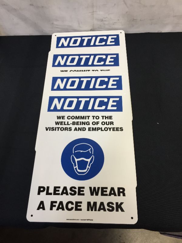 Photo 2 of Accuform-MPPA832VP"Notice We Commit to The Well Being of Our Visitors and Employees - Please WEAR A FACE MASK" Sign, Plastic, 14" x 10" (4 pack)