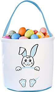 Photo 1 of Easter Bunny Basket Egg Bags for Kids, Canvas Cotton Personalized Candy Egg Basket Rabbit Print Buckets Gifts Bags for Easter
