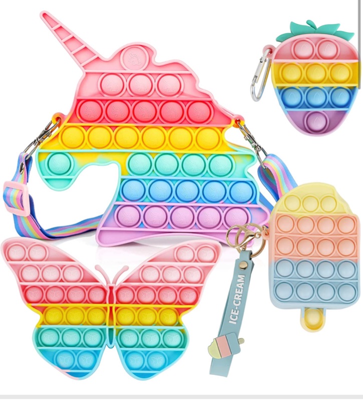 Photo 1 of Artifactz Pop It Fidget Toys - Pop Its Fidgets Toy Pack - Including 4 Sensory Toys - Pop It Unicorn Purse - Ice Cream Coin Purse - Butterfly Toy - Strawberry Keychain,Pink, Yellow, Blue, Green