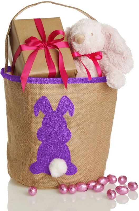 Photo 1 of Easter Bunny Basket Burlap Buckets with Handles Egg Hunt Buckets with Fluffy Tail for Kids Tote Storage Eggs Candies and Gifts
