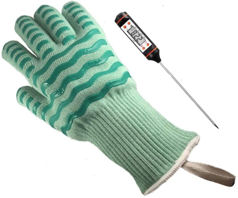 Photo 1 of Mercantile Express Heat Resistant Safe BBQ Oven Glove Pair, Grilling, Baking, Frying, 12-Inch Length, Silicone Texture Grip - Caribbean Green, Bonus Digital Probe Thermometer
