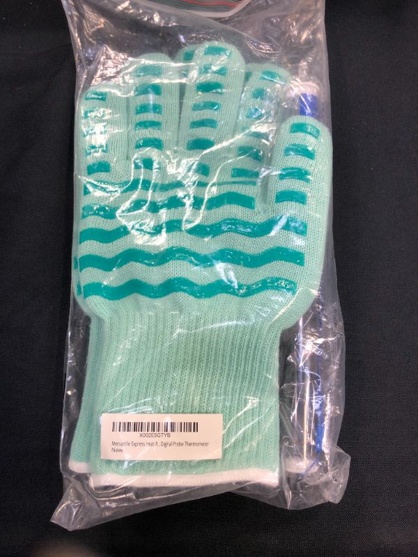 Photo 2 of Mercantile Express Heat Resistant Safe BBQ Oven Glove Pair, Grilling, Baking, Frying, 12-Inch Length, Silicone Texture Grip - Caribbean Green, Bonus Digital Probe Thermometer
