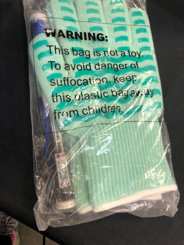 Photo 1 of Mercantile Express Heat Resistant Safe BBQ Oven Glove Pair, Grilling, Baking, Frying, 12-Inch Length, Silicone Texture Grip - Caribbean Green, Bonus Digital Probe Thermometer
