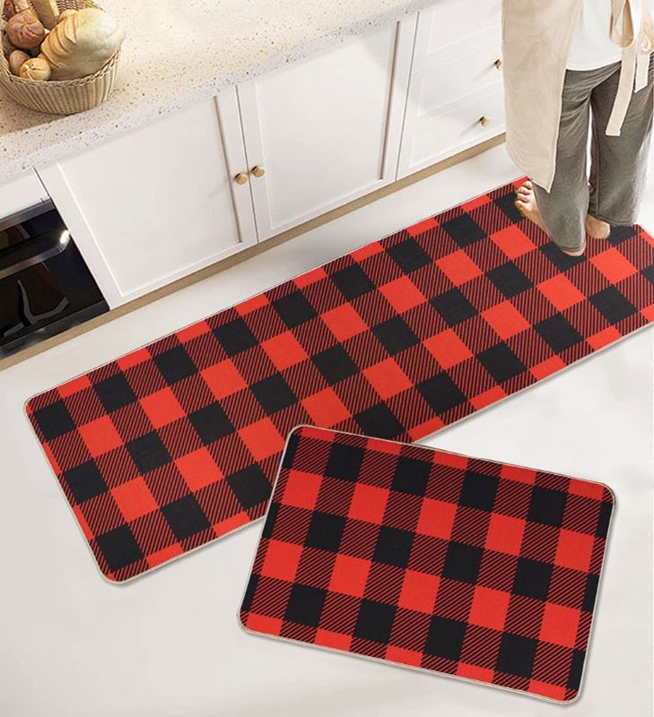 Photo 1 of 2 pcs Sets Buffalo Plaid Kitchen Mat Red Checkered Kitchen Rug Waterproof Non-Slip Rubber Backing Carpet for Laundry/Entryway Comfort Standing Foam Floor Mat by Wolala Home (Red, 18''x29''+18''x59'')
