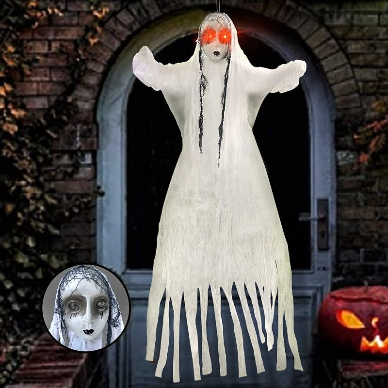 Photo 1 of Halloween Hanging Ghost Decorations, Scary Props Halloween Skeleton Creepy Ghost Decor for Haunted House Decoration Props with Glowing Eyes and Creepy Sounds for Home Party Yard Outdoor
