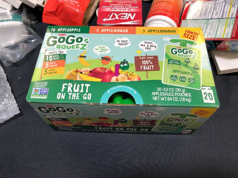 Photo 1 of GoGo SqueeZ Fruit on The Go Variety Pack, Apple, Banana, & Mango, Tasty Kids Applesauce Snacks, Gluten, Nut & Dairy Free, Vegan, 3.2 Oz, Pack of 20 -- Best Before MAR 29 2022