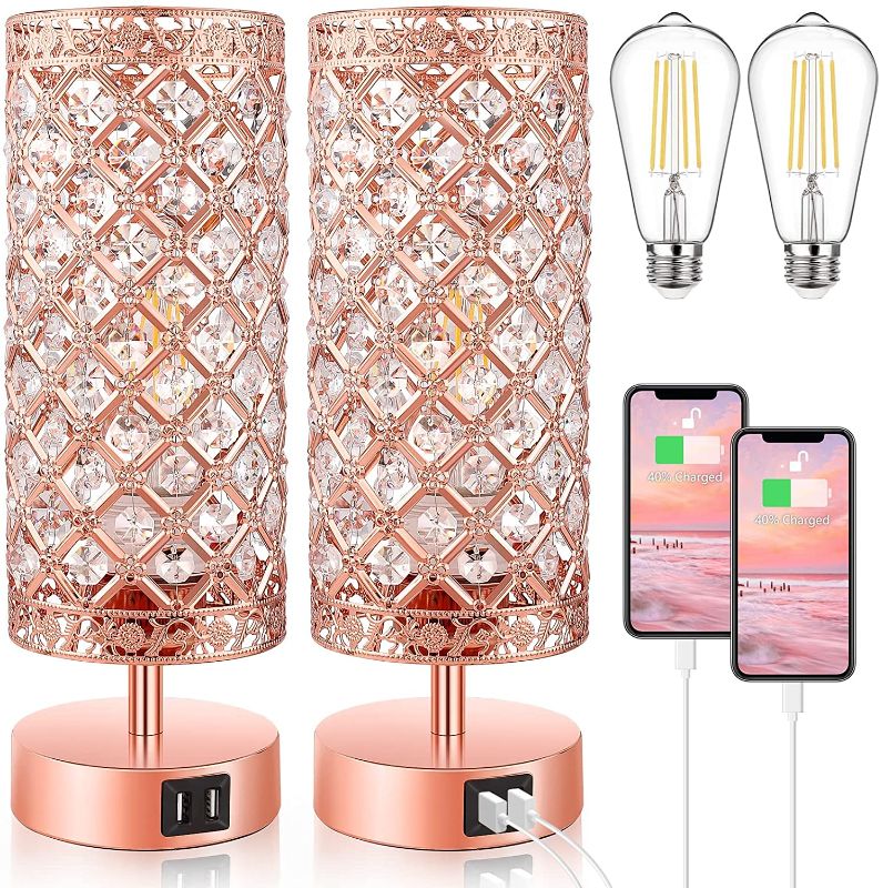 Photo 1 of Crystal Touch Control Table Lamp, 2-Pack Rose Gold Dimmable K9 Crystal Bedside Nightstand Lamps with USB Charging Ports, Small Pink Decorative Night Lights for Bedroom Living Room, 4000K White Bulb
