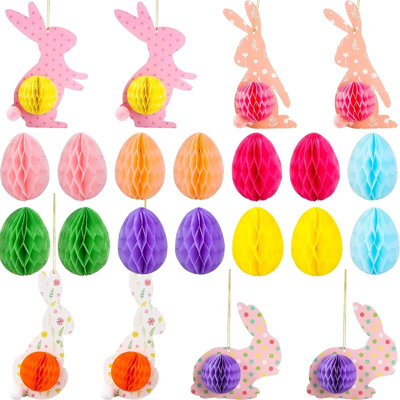 Photo 1 of Haconba 22 Pieces Easter Bunny Easter Eggs Hanging Decorations with 3D Honeycomb Paper Rabbit Egg Ball For Easter Bunny Theme Party Favors Home Decor