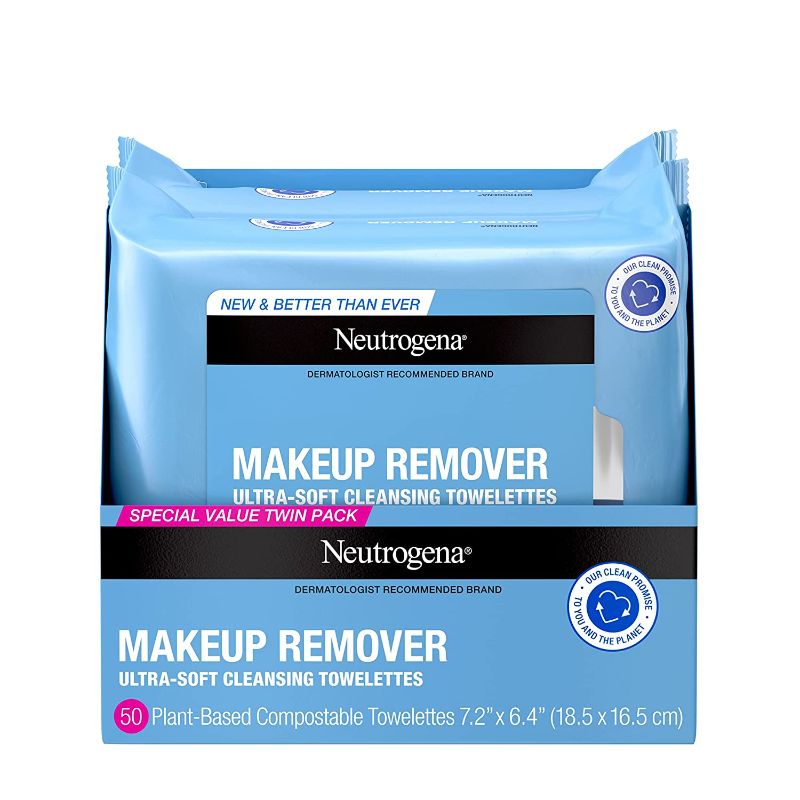 Photo 1 of "Neutrogena Makeup Remover Cleansing Face Wipes, Daily Cleansing Facial Towelettes to Remove Waterproof Makeup and Mascara, Alcohol-Free, Value Twin Pack, 25 Count, 2 Pack"