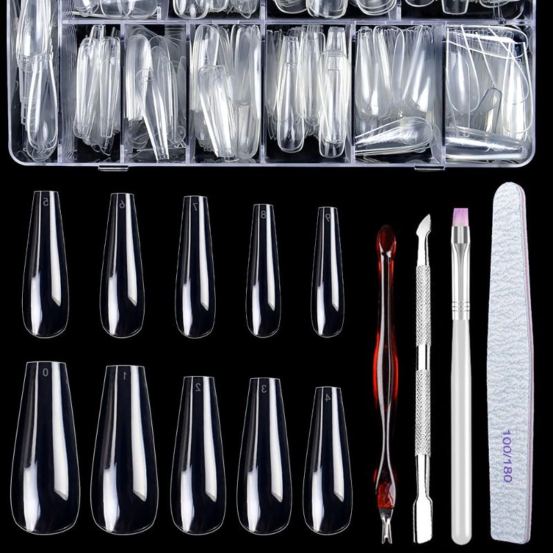 Photo 1 of Coffin Long Fake Nail Tips, Clear Acrylic Full Cover Nail Tips 600 Pcs Artificial False Nails Full Nail Tips for Salons and DIY Nail Art with Box (10 Sizes)