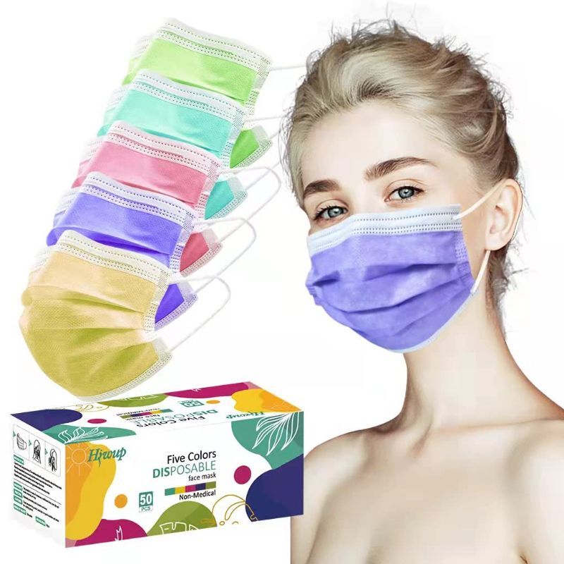 Photo 1 of 2 packs ---100pcs total HIWUP Multicolor Disposable Face Masks Suitable for Adults and Teens Face Mask Colored Masks for Women and Men 3 Layer 