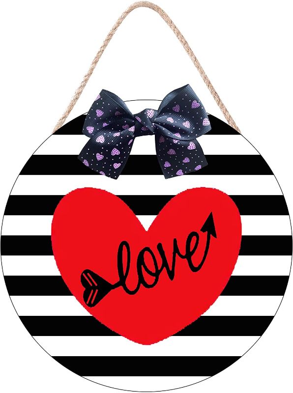 Photo 1 of 11.5 in CYNOSA Valentine's Day Door Decorations Black and White Stripes Heart Love Hanging Sign Printed Wooden Door Hanger Wreath Farmhouse Outdoor Indoor Wall Decor for Holiday Party Supplies Favors
