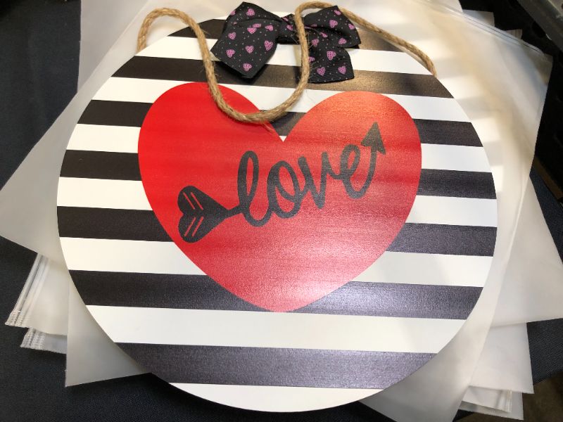 Photo 2 of 11.5 in CYNOSA Valentine's Day Door Decorations Black and White Stripes Heart Love Hanging Sign Printed Wooden Door Hanger Wreath Farmhouse Outdoor Indoor Wall Decor for Holiday Party Supplies Favors
