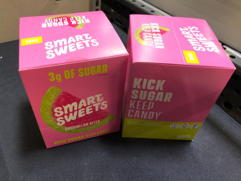 Photo 1 of 2 pack exp 09-2021------SmartSweets Sourmelon Bites, Candy with Low Sugar (3g), Low Calorie, Plant-Based, Free From Sugar Alcohols, No Artificial Colors or Sweeteners, Pink and Green 1.8 Ounce  