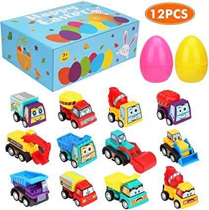 Photo 1 of 12Pcs Easter Eggs Filled with Pull Back Cars,Bright Colorful Surprise Easter Eggs Prefilled with Construction Vehicles for Easter Party Favors Gifts and Egg Hunting
