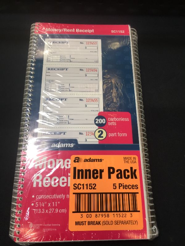 Photo 1 of Adams Money and Rent Receipt Book, 2-Part Carbonless, 5-1/4" x 11", Spiral Bound, 200 Sets per Book, 4 Receipts per Page, Sold as 5 Pack, 1000 Sets Total (SC1152)
