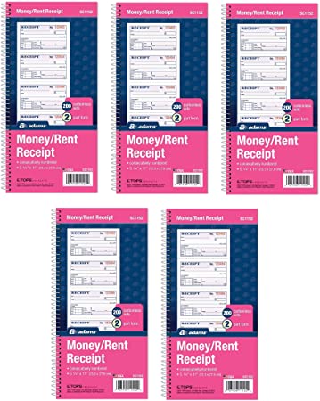 Photo 1 of Adams Money and Rent Receipt Book, 2-Part Carbonless, 5-1/4" x 11", Spiral Bound, 200 Sets per Book, 4 Receipts per Page, Sold as 5 Pack, 1000 Sets Total (SC1152)
