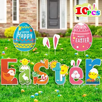 Photo 1 of 10 Pieces Easter Yard Signs Decorations Outdoor, Large Letter Happy Easter Yard Sign with Stakes, Easter Lawn Decorations with Eggs, Bunny, Chick, Party Supplies Decor, Funny Bunny Ears
