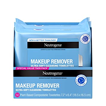 Photo 1 of "Neutrogena Makeup Remover Cleansing Face Wipes, Daily Cleansing Facial Towelettes to Remove Waterproof Makeup and Mascara, Alcohol-Free, Value Twin Pack, 25 Count, 2 Pack" 