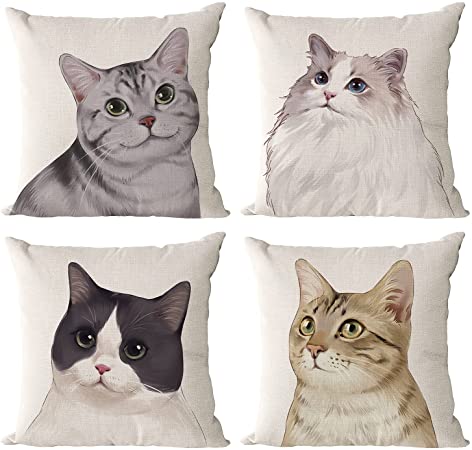 Photo 1 of FURUIE Throw Pillow Covers 18 x 18 inches, Cute Decorative Cartoon Linen Cotton Pillow Cushion Covers for Couch Sofa Bed Chair Car, Pillowcases Set of 4 (cat)
