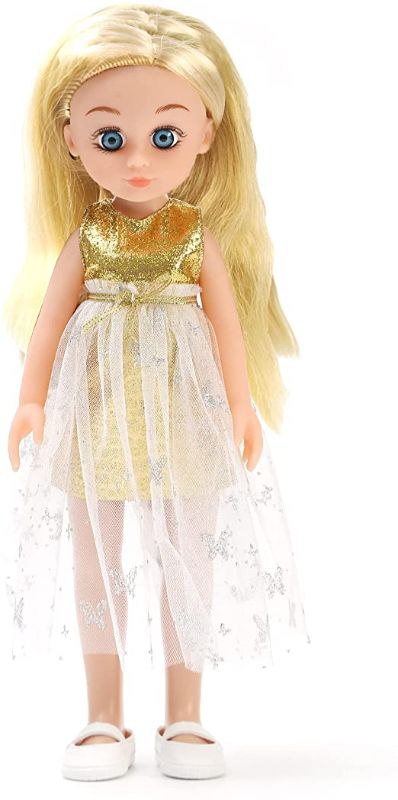 Photo 1 of 14 Inch Fashion Doll with Long Curly Hair, a Long Dress in Light Yellow with Shoes and Combe, Gift for Girls Ages 3 and Up.
