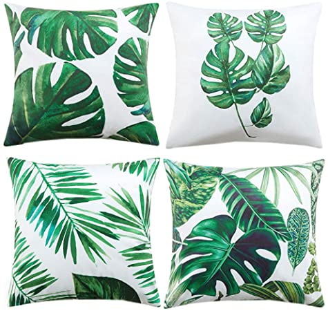 Photo 1 of Anickal Tropical Leaves Decorations Set of 4 Soft Velvet Decorative Pillow Covers 18 x 18 with Tropical Palm Monstera Leaves Print for Summer Green Decor
