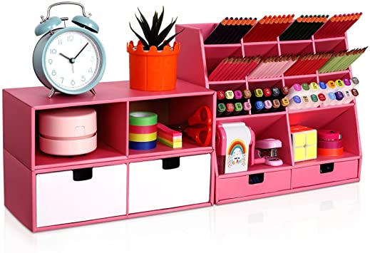 Photo 1 of Pink Desk Organizer and Accessories with 4 Drawers & 16 Compartments Twice Capacity - Art Supply Organizer for Home, School, Office Supplies, FSC Certified Cardboard, DIY Project, Easy Assembly
