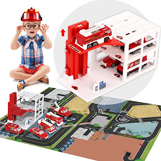 Photo 1 of Moquin 3-Level Toy Car Garage Fire Truck Garage Building Playset Garage Parking Lot with Play Puzzle Mat Firefighter Role Play Toys for Kids, Boys, Girls and Toddlers (with 5 Alloy Metal car)
