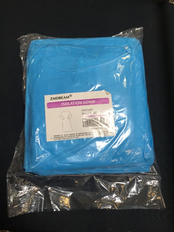Photo 2 of ZMDREAM 10 count Disposable Isolation Gown Polypropylene Lab Gowns with Knit Cuff & Waist Ties Blue
