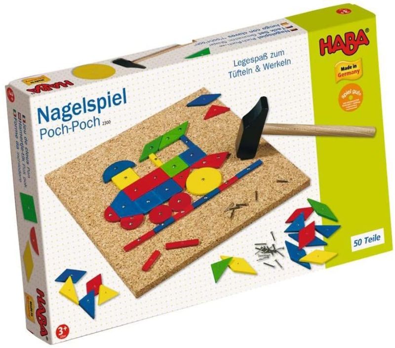 Photo 1 of HABA Geo Shape Tack Zap Play Set - Make Geometric Designs with Corkboard, Hammer, Templates and 50 Wooden Tiles (Made in Germany)
