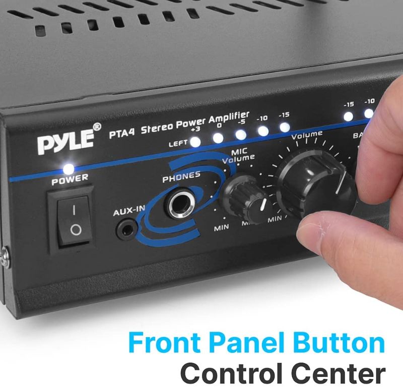 Photo 1 of Home Audio Power Amplifier System with Bluetooth - 2X120W Mini Dual Channel Mixer Sound Stereo Receiver Box w/ RCA, AUX, Mic Input - For Amplified Speakers, PA, Theater, Studio Use - Pyle PTA4
