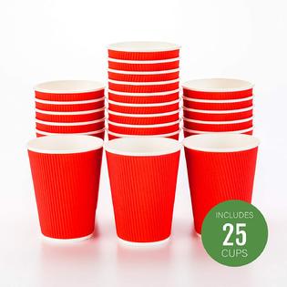 Photo 1 of 12 Ounce Paper Coffee Cups, 25 Ripple Disposable Paper Cups - Leakproof, Recyclable, Red Paper Hot Cups, Insulated, Matching Lids Sold Separately - Restaurantware